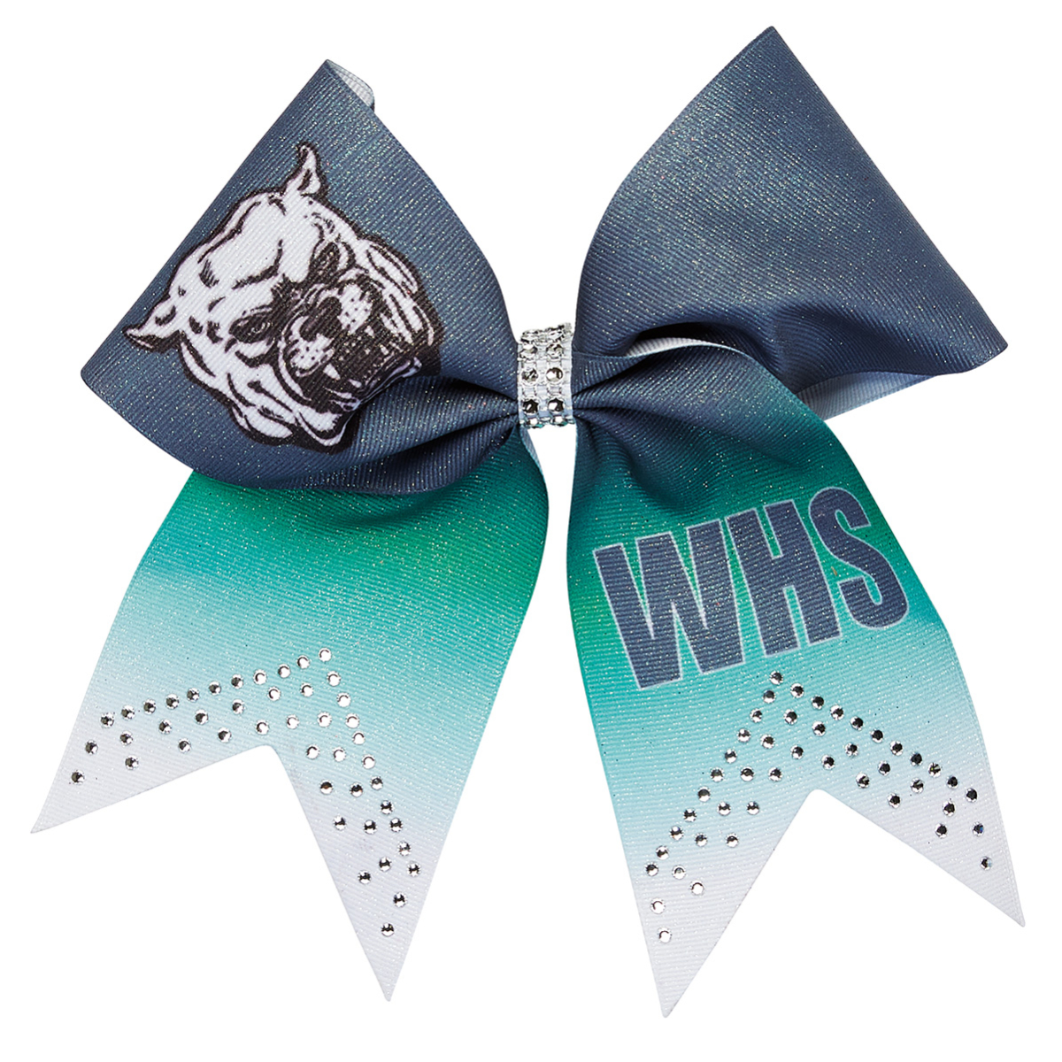 3" Sublimated Ombre' Bow on Shimmer Ribbon with Team Name & Mascot and Rhinestone Tail Accents